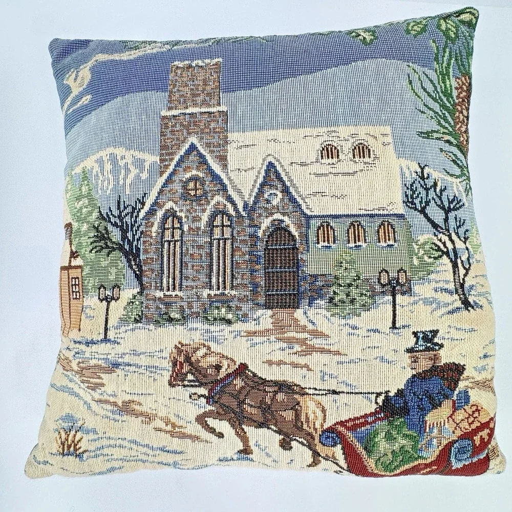 Christmas Tapestry Throw Pillow Snowman Winter Scene House Church Woven Holiday‎